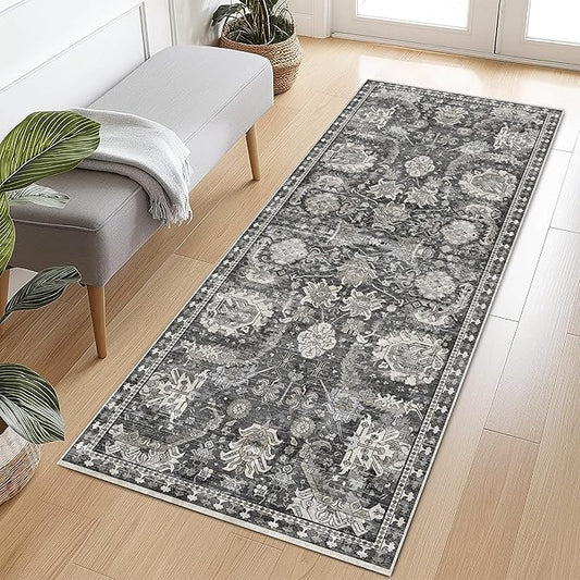 Washable Area Rugs - Perfect for Living Room, Bedroom, Kids Room, Nursery - Stain & Water Resistant Non-Slip, Pet & Child Friendly, Vintage Tribal Area Rugs (Grey, 2'6'' x 8')