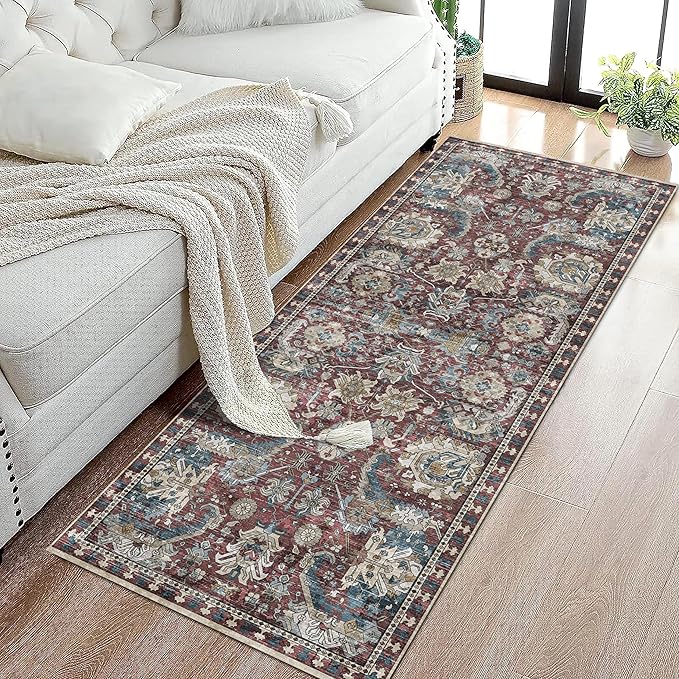 Washable Area Rugs - Perfect for Living Room, Bedroom, Kids Room, Nursery - Stain & Water Resistant Non-Slip, Pet & Child Friendly, Vintage Tribal Area Rugs (Rust and Bule, 2'6'' x 8')