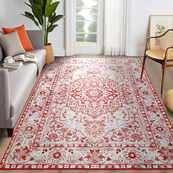 YJ.GWL Area Rug for Living Room, 4x6 Machine Washable Boho Rug for Bedroom, Low Pile Lightweight Thin Rugs Floral Vintage Distress Print Pattern Carpet for Dining Room, Red/White