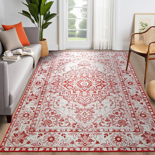 YJ.GWL Area Rug for Living Room, 4x6 Machine Washable Boho Rug for Bedroom, Low Pile Lightweight Thin Rugs Floral Vintage Distress Print Pattern Carpet for Dining Room, Red/White