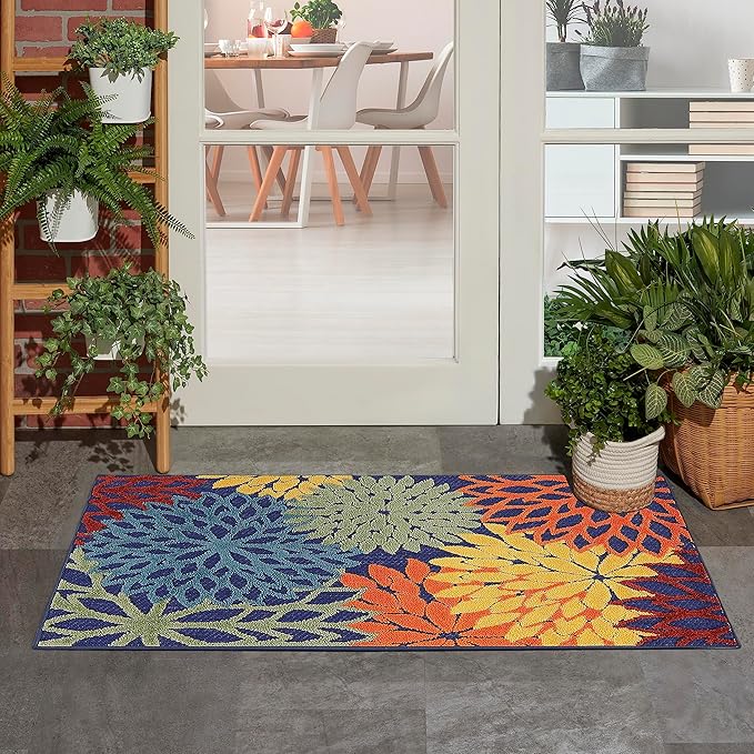Nourison Aloha Indoor-Outdoor Navy Multicolor 2'8" x 4' Area Rug, Easy Cleaning, Non Shedding, Bed Room, Living Room, Dining Room, Backyard, Deck, Patio (3x4)