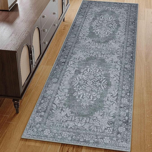 2x6 Runner Rug Gray Washable Hallway Kitchen Bedroom Vintage Distressed Bathroom Non Slip Medallion Floral Carpet Indoor Retro Throw Floor Mat for Office Dining Laundry Living Room