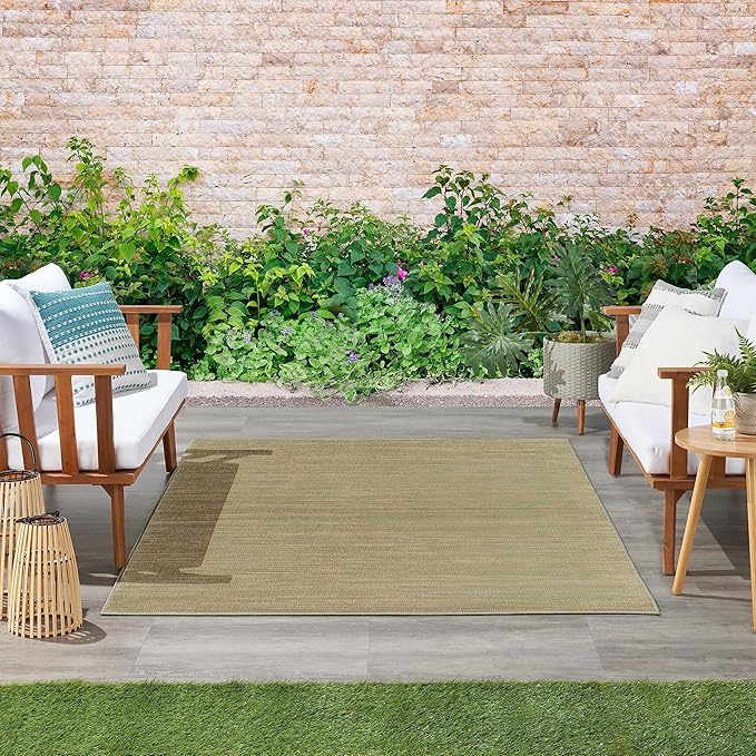 Nourison Essentials Indoor/Outdoor Green Gold 5' x 7' Area Rug, Easy Cleaning, Non Shedding, Bed Room, Living Room, Dining Room, Backyard, Deck, Patio (5x7)
