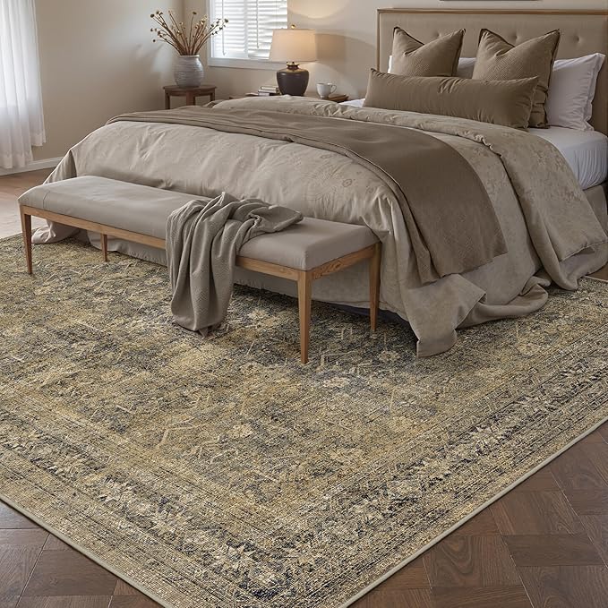 5x7 Brown Black Area Rug for Living Room Washable Vintage Distressed Carpet Bedroom Low Pile Non Slip Indoor Soft Retro Throw Accent Rug Office Kitchen Bathroom Dining Room