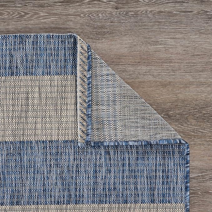 LR Home 8 x 10 Indoor / Outdoor Area Rug for Home Decor | Coastal Striped large size carpet for living room, bedroom, playroom, patio, garden | Modern farmhouse rug | Navy / Gray