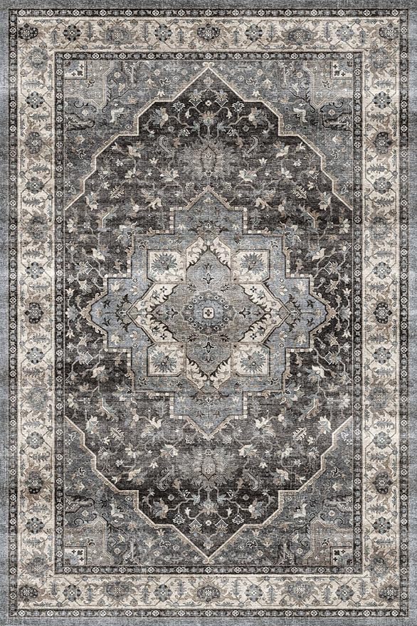 Dripex 6x9 Area Rugs, Machine Washable Non Slip Distressed Boho Rugs, Area Rug for Living Room, No Pile Lightweight Vintage Rug, Soft Accent Carpet for Dining Room,Bedroom,Dark Blue and Green