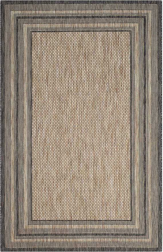 SAFAVIEH Courtyard Collection 4' x 5'7" Natural / Black CY8475 Indoor/ Outdoor Waterproof Easy-Cleaning Patio Backyard Mudroom Accent-Rug