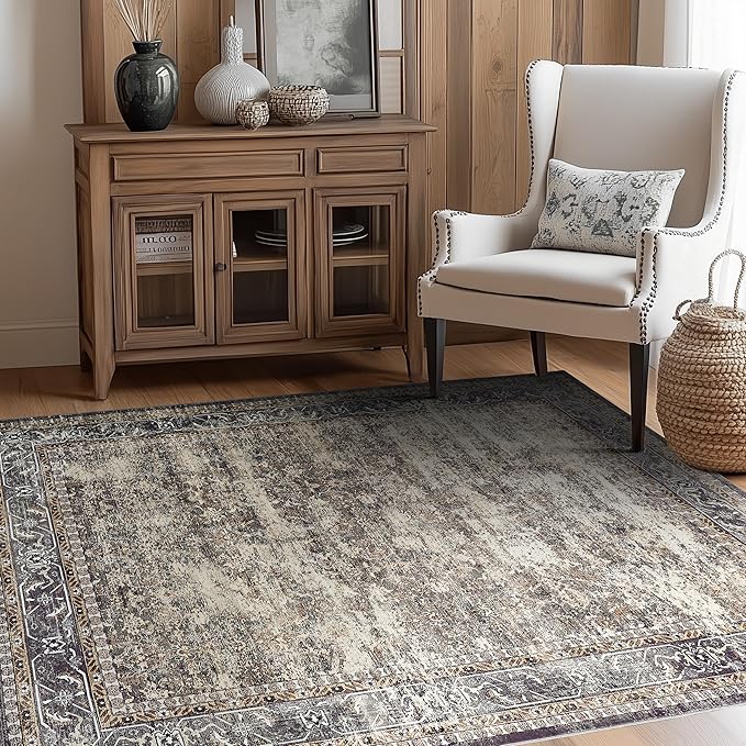 4x6 ft Washable Area Rug, Non-Slip Brown Boho Design for Indoor & Outdoor Use – Perfect for Patio, Kitchen, Entryway, Office, Kids Room, and Runners