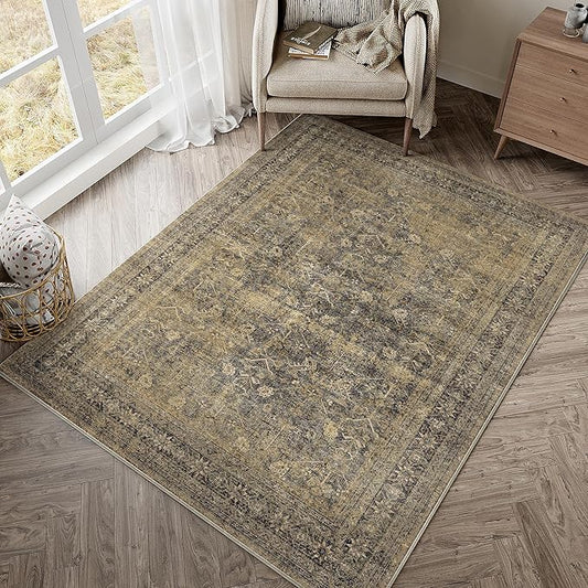 4x6 Brown Black Area Rug Washable Vintage Distressed Office Carpet Low Pile Entryway Non Slip Indoor Soft Retro Entrance Throw Accent Rug for Kitchen Bathroom Bedroom Dining Living Room