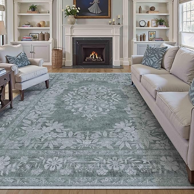 6x9 Area Rug Gray Washable Vintage Distressed Living Room Carpet Large Bedroom Indoor Medallion Floral Non Slip Retro Throw Floor Mat for Office Dining Room Kitchen Bathroom