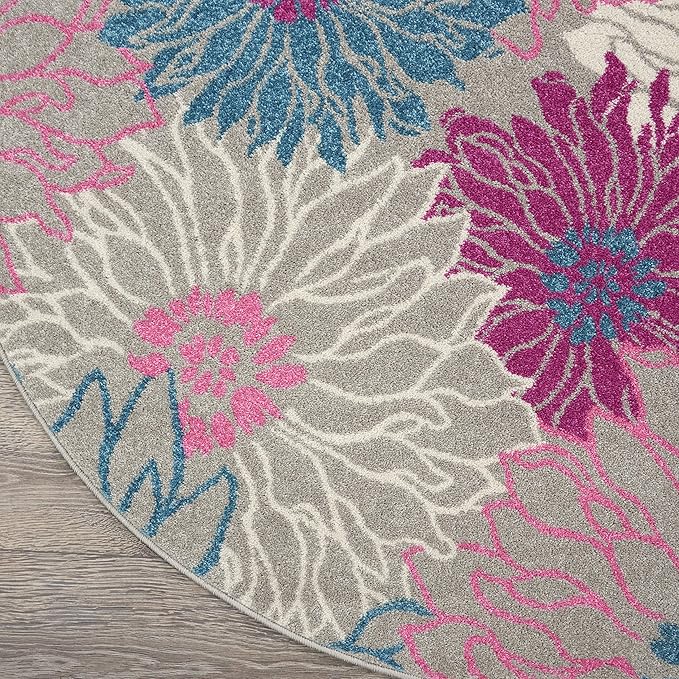 Nourison Passion Grey 4' x Round Area Rug, Floral, Farmhouse, Easy Cleaning, Non Shedding, Bed Room, Living Room, Dining Room, Kitchen, (4' Round)