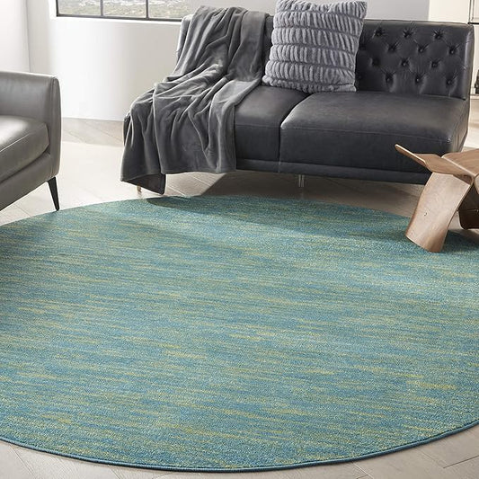 Nourison Essentials Indoor/Outdoor Blue Green 8' x Round Area Rug, Easy Cleaning, Non Shedding, Bed Room, Living Room, Dining Room, Backyard, Deck, Patio (8 Round)