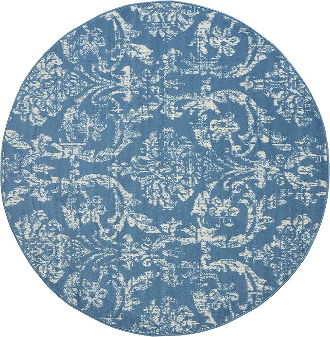 Nourison Jubilant Damask Blue 5'3" x Round Area -Rug, Easy -Cleaning, Non Shedding, Bed Room, Living Room, Dining Room, Kitchen (5 Round)
