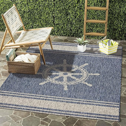 LR Home 3 x 5 Indoor/Outdoor Area Rug for Home Decor | Graphic Print Carpet Suitable for Living Room, Bedroom, Playroom, Patio, Garden | Nautical Farmhouse Rug | Denim Blue/Gray