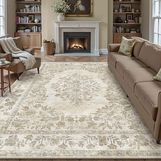 8x10 Area Rug Beige Washable Vintage Distressed Living Room Carpet Large Bedroom Indoor Medallion Floral Non Slip Retro Throw Floor Mat for Office Dining Room Kitchen Bathroom