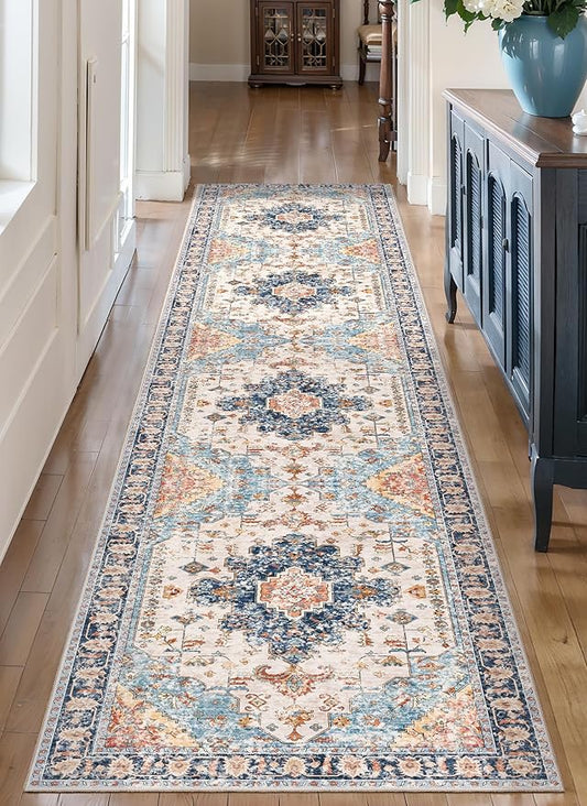 2x10 Washable Runner Rug for Hallways, Non Slip Vintage Runner Rug, Soft Low Pile Long, Print Distressed Blue/Orange Carpet Runners for Kitchen Bedroom Entryway Bathroom Living Room