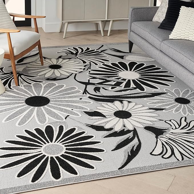 Nourison Aloha Indoor/Outdoor Black White 9' x 12' Area Rug, Easy Cleaning, Non Shedding, Bed Room, Living Room, Dining Room, Kitchen (9x12)