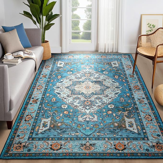 YJ.GWL Large Area Rug for Living Room, 5x7 Machine Washable Boho Rug for Bedroom, Low Pile Lightweight Thin Rugs Floral Vintage Distress Print Pattern Carpet for Dining Room, Blue/Multi