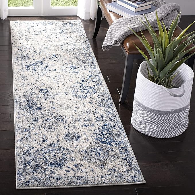 SAFAVIEH Madison Collection Runner Rug - 2'3" x 14', White & Royal Blue, Floral Medallion Distressed Design, Non-Shedding & Easy Care, Ideal for High Traffic Areas in Living Room, Bedroom (MAD611C)