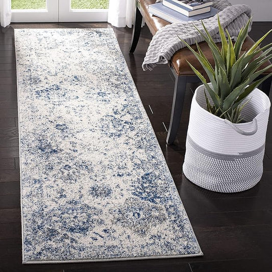 SAFAVIEH Madison Collection Runner Rug - 2'3" x 22', White & Royal Blue, Floral Medallion Distressed Design, Non-Shedding & Easy Care, Ideal for High Traffic Areas in Living Room, Bedroom (MAD611C)