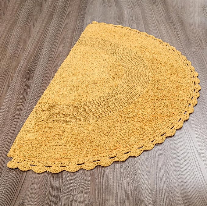 Half Circle Bohemian Bathroom Rug with Handwoven Chrochet Border, Beautifully Handcrafted 100% Cotton Mat - 22x42", Round Boho Bedroom Rug, Boho Bathroom Décor, Machine Washable - Honey Mustard