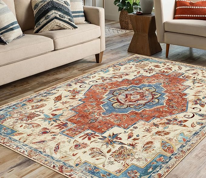 Washable Vintage Area Rug 9x12 Non-Slip Boho Distressed Floor Carpet Rugs Traditional Mat for Kitchen Bedroom Living Room, Orange