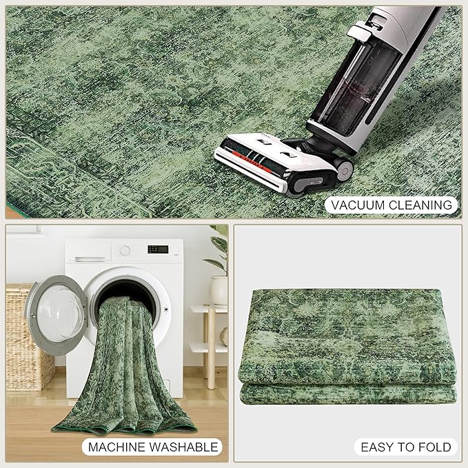 2x3 ft Boho Green Runner Rug – Washable, Non-Slip Area Rug for Kitchen, Outdoor & Home, Soft & Durable, Perfect for Entryways, Hallways & Living Rooms