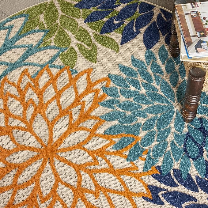 Nourison Aloha Indoor/Outdoor Multicolor 4' x Round Area Rug, Tropical, Botanical, Easy Cleaning, Non Shedding, Bed Room, Living Room, Dining Room, Deck, Backyard, Patio (4 Round)