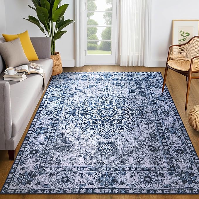 YJ.GWL Large Area Rug for Living Room, 5x8 Machine Washable Boho Rug for Bedroom, Low Pile Lightweight Thin Rugs Floral Vintage Distress Print Pattern Carpet for Dining Room, Blue/White