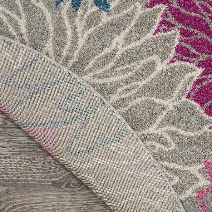 Nourison Passion Grey 4' x Round Area Rug, Floral, Farmhouse, Easy Cleaning, Non Shedding, Bed Room, Living Room, Dining Room, Kitchen, (4' Round)