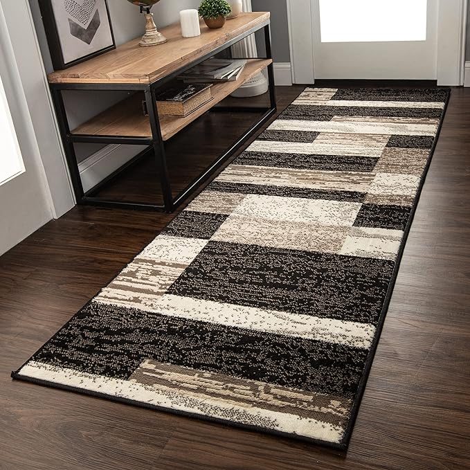 SUPERIOR Indoor Runner Area Rug with Jute Backing for Kitchen, Bedroom, Dorm, Living Room, Hallway, Entryway, Perfect for Hardwood Floors - Rockwood Modern Geometric Design, 2'6" X 10', Chocolate