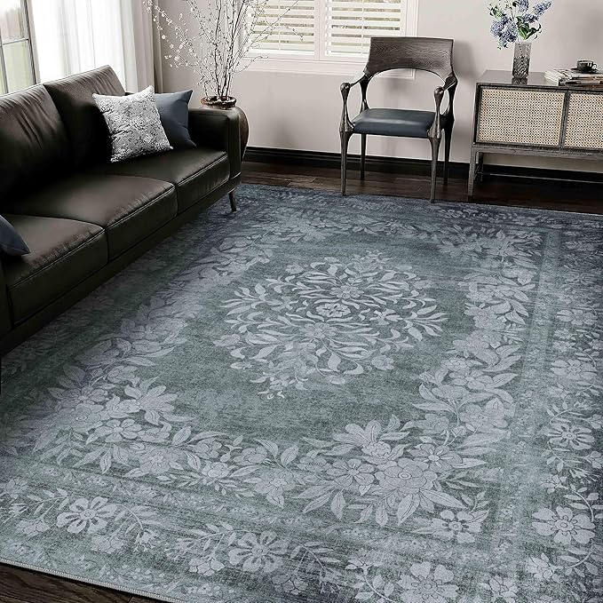 4x6 Area Rug Gray Washable Office Vintage Distressed Carpet Bedroom Indoor Medallion Floral Living Room Non Slip Retro Throw Floor Mat for Dining Room Kitchen Bathroom