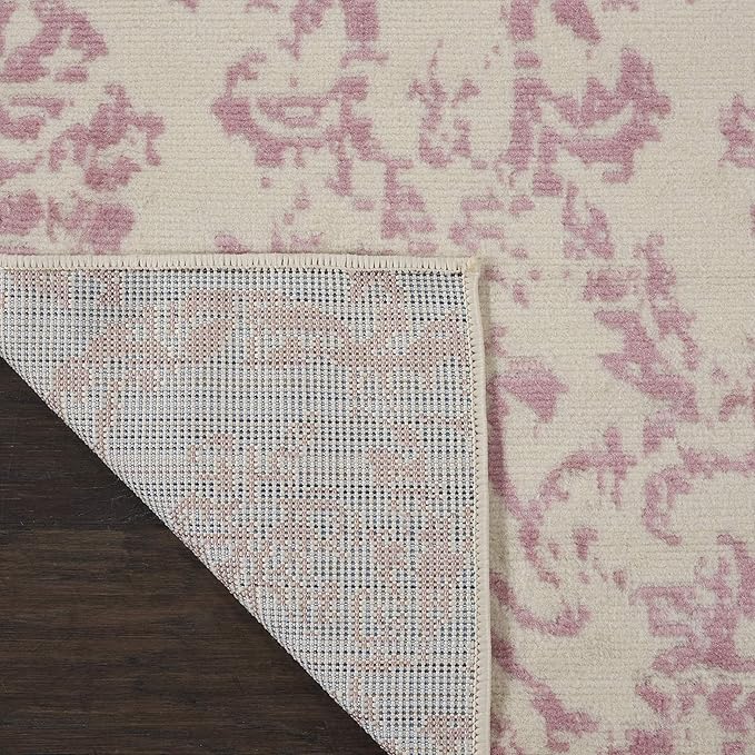 Nourison Jubilant Damask Ivory/Pink 2'3'' x 7'3'' Area-Rug, Easy-Cleaning, Non Shedding, Bed Room, Living Room, Dining Room, Kitchen (2x7)