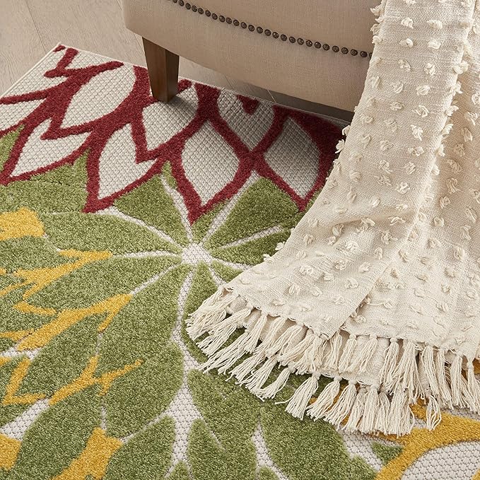 Nourison Aloha Indoor/Outdoor Red Multi Colored 5'3" x 7'5" Area Rug, Tropical, Botanical, Easy Cleaning, Non Shedding, Bed Room, Living Room, Dining Room, Deck, Backyard, Patio (5x7)