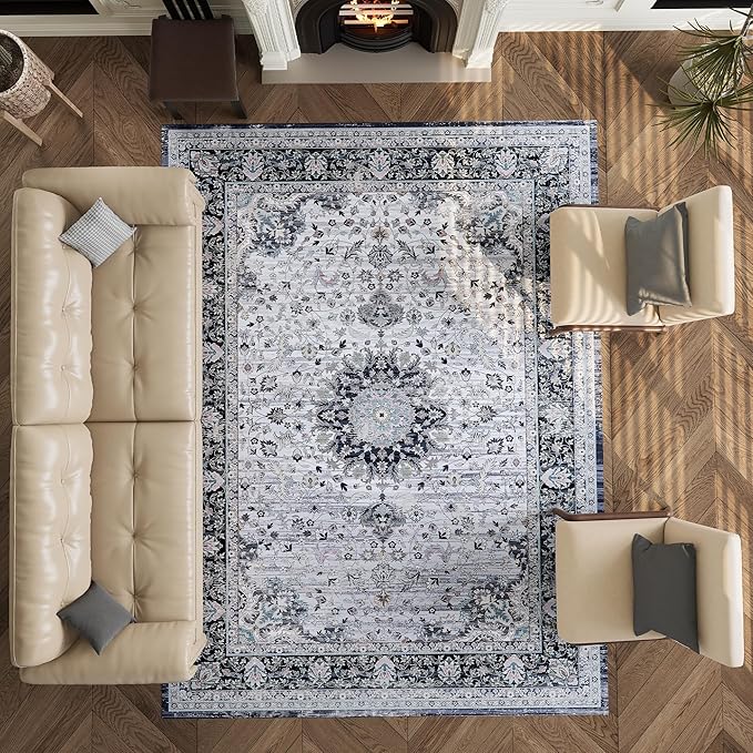 8x10 Rug, Washable Neutral Boho Modern Vintage Non Slip Floral Area Rugs, Low Pile Soft Rugs, Area Rugs, Slip Resistance Carpet, Pet-Friendly Carpet, Durable Rug for Living Room, Bedroom