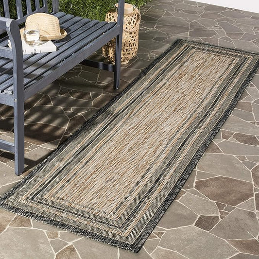SAFAVIEH Courtyard Collection 2'3" x 12' Natural / Black CY8475 Indoor/ Outside Waterproof Easy cleansingPatio Backyard Mudroom Runner Mat