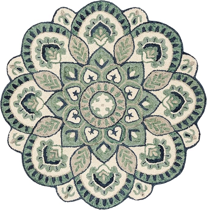 SAFAVIEH Novelty Collection Area Rug - 5' Round, Ivory & Blue, Handmade Boho Floral Rustic Country Wool, Ideal for High Traffic Areas in Living Room, Bedroom (NOV604M)