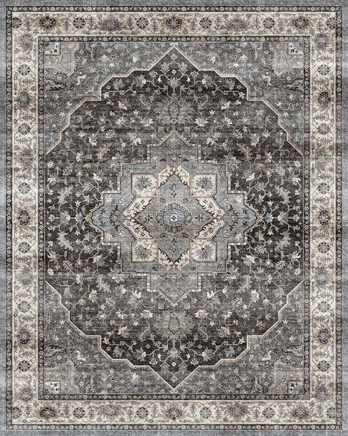 Dripex 8x10 Area Rugs, Machine Washable Non Slip Distressed Boho Rugs,Large Area Rug for Bedroom Aesthetic, No Pile Lightweight Vintage Rug, Carpet for Living Room Dining Room Den,Dark Blue and Green
