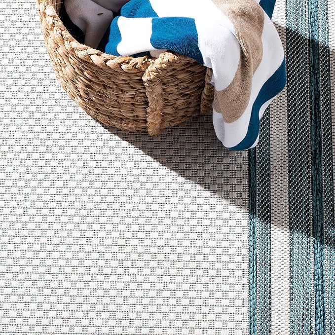 SAFAVIEH Courtyard Collection Area Rug - 9' Square, Ivory & Teal, Indoor/Outdoor, Weather Resistant & Washable, Ideal for Patio, Backyard, Mudroom, Deck (CY8475)