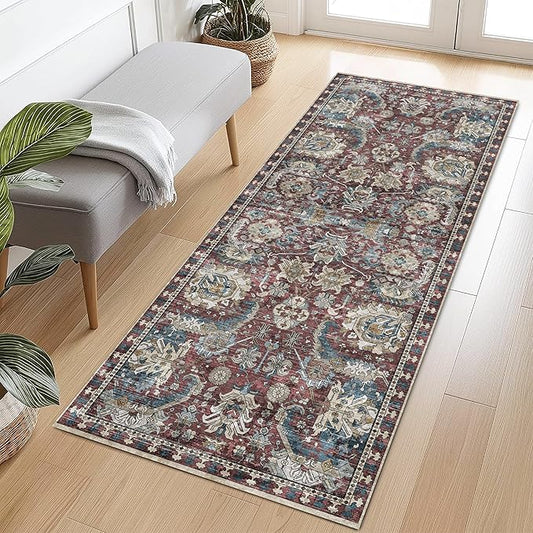 Washable Area Rugs - Perfect for Living Room, Bedroom, Kids Room, Nursery - Stain & Water Resistant Non-Slip, Pet & Child Friendly, Vintage Tribal Area Rugs (Rust and Bule, 2'6'' x 8')