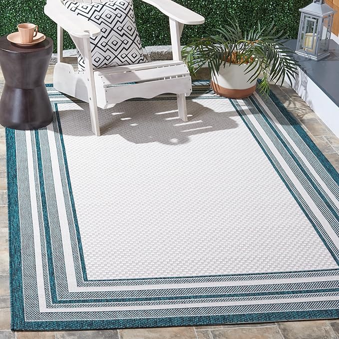 SAFAVIEH Courtyard Collection Area Rug - 10' x 14', Ivory & Teal, Indoor/Outdoor, Weather Resistant & Washable, Ideal for Patio, Backyard, Mudroom, Deck (CY8475)