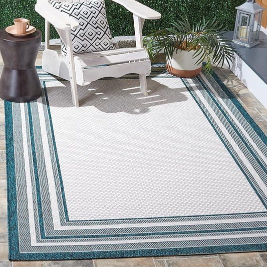 SAFAVIEH Courtyard Collection Area Rug - 10' x 14', Ivory & Teal, Indoor/Outdoor, Weather Resistant & Washable, Ideal for Patio, Backyard, Mudroom, Deck (CY8475)