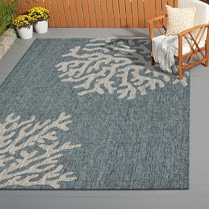LR Home 5 x 7 Indoor/Outdoor Area Rug for Home Decor | Coastal Reef carpet for living room, bedroom, playroom, patio, garden | Modern farmhouse rug | Blue/Gray