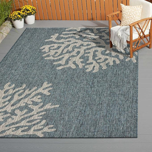 LR Home 5 x 7 Indoor/Outdoor Area Rug for Home Decor | Coastal Reef carpet for living room, bedroom, playroom, patio, garden | Modern farmhouse rug | Blue/Gray