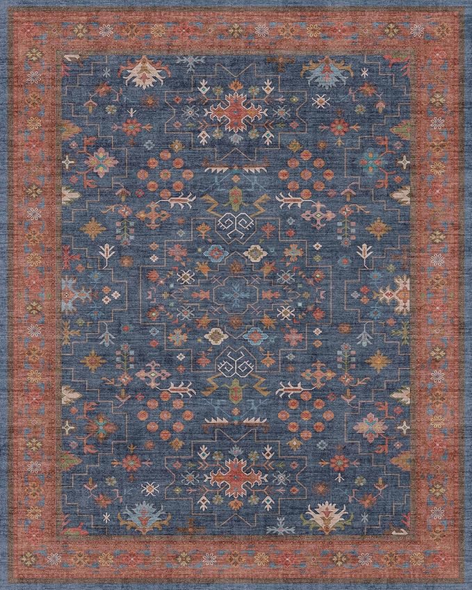 Washable Navy Blue Living Room Rug, 8x10 Area Rug For Bedroom, Dining Room Rugs for Under Table - Low Pile Non-Slip Rubber Backing Stain Resistant Rug - Aethestic Boho Home Decor (8x10 Navy Blue)