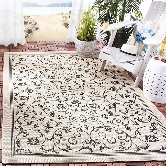 SAFAVIEH Courtyard Collection Accent Rug - 2'7" x 5', Sand & Black, Scroll Design, Non-Shedding & Easy Care, Indoor/Outdoor & Washable-Ideal for Patio, Backyard, Mudroom (CY2098-3901)