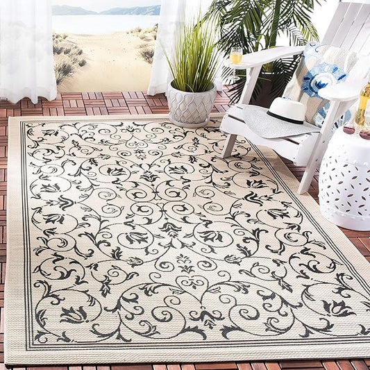 SAFAVIEH Courtyard Collection Accent Rug - 2'7" x 5', Sand & Black, Scroll Design, Non-Shedding & Easy Care, Indoor/Outdoor & Washable-Ideal for Patio, Backyard, Mudroom (CY2098-3901)