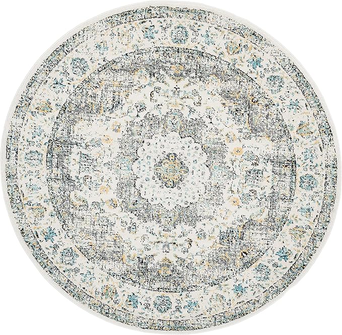 SAFAVIEH Evoke Collection Area Rug - 5'3" Round, Grey & Gold, Shabby Chic Oriental Medallion Design, Non-Shedding & Easy Care, Ideal for High Traffic Areas in Living Room, Bedroom (EVK220B)