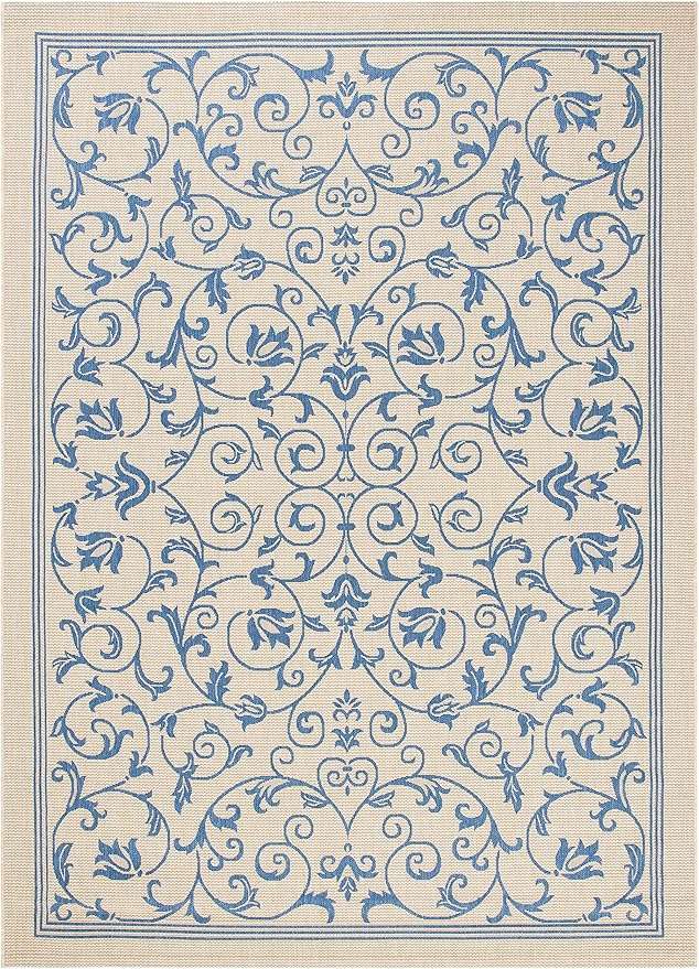 SAFAVIEH Courtyard Collection Area Rug - 9' x 12', Natural & Blue, Scroll Design, Non-Shedding & Easy Care, Indoor/Outdoor & Washable-Ideal for Patio, Backyard, Mudroom (CY2098-3101)