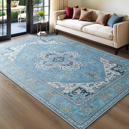 YJ.GWL Large Area Rug for Living Room, 5x7 Machine Washable Boho Rug for Bedroom, Low Pile Lightweight Thin Rugs Floral Vintage Distress Print Pattern Carpet for Dining Room, Light Blue